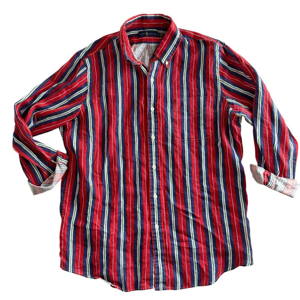 Vintage Polo Ralph Lauren Linen Button Down Men’s Collared Shirt‎ Stripe Large
